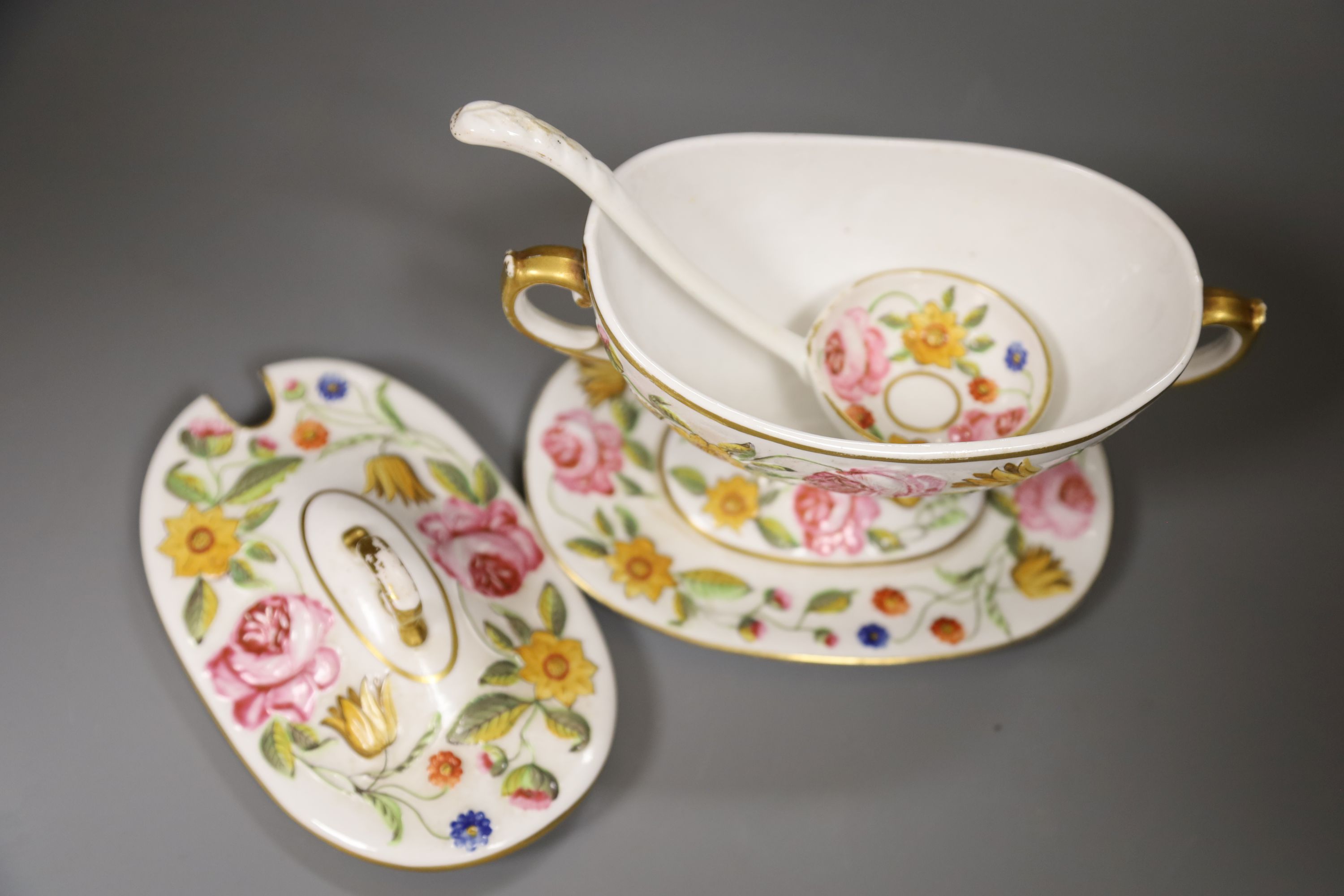 An English porcelain floral moulded tureen cover and ladle, probably Coalport, height 15cm